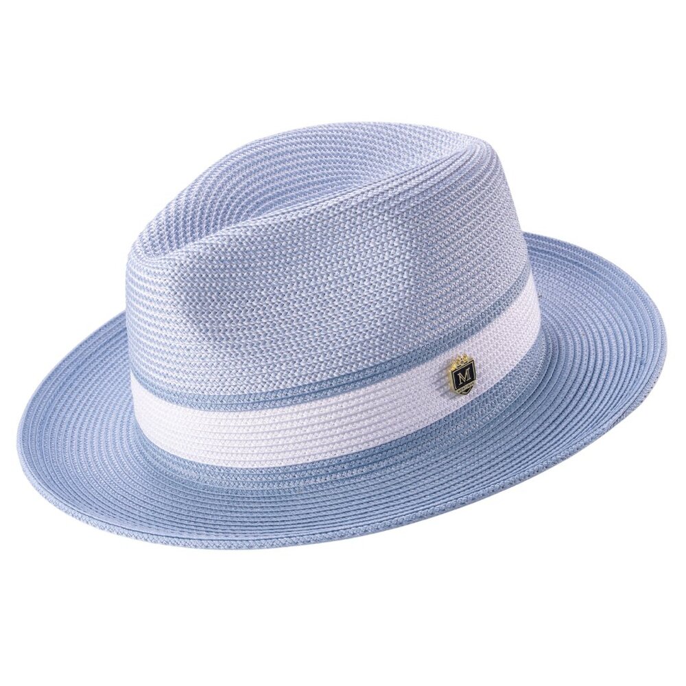 MEN'S  CAROLINA BLUE Two-tone Pinch Hat  2.5  INCH Wide Brim Straw Fedora H-87